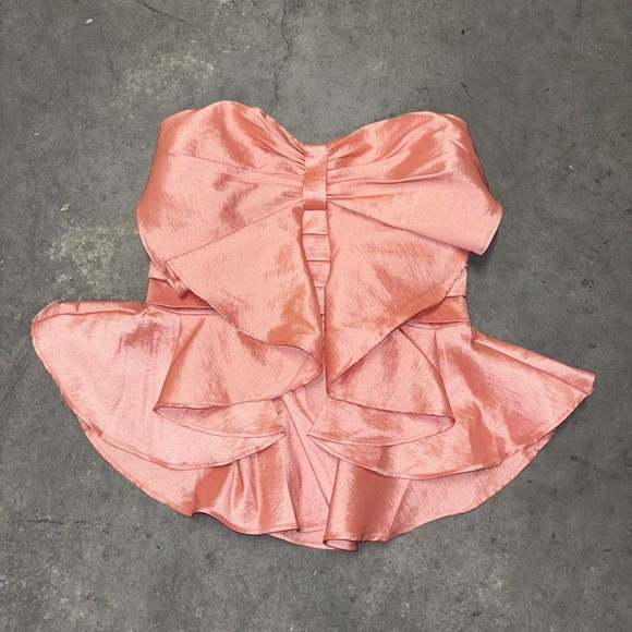 Y2K Forever 21 Pink Silky Satin Bow Tie Ruffle Bustier Top - Picture 3 of 8